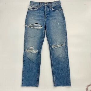 RE/DONE high rise ripped stovepipe designer jeans 25 Button Fly in The Wash